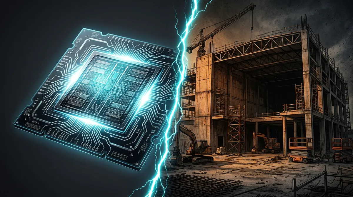 Split editorial illustration contrasting a next-generation AI GPU chip with an unfinished data center building, showing hardware obsolescence risk