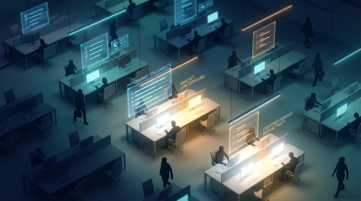 Heat map illustration of AI exposure levels across office workers, showing high and low risk occupations