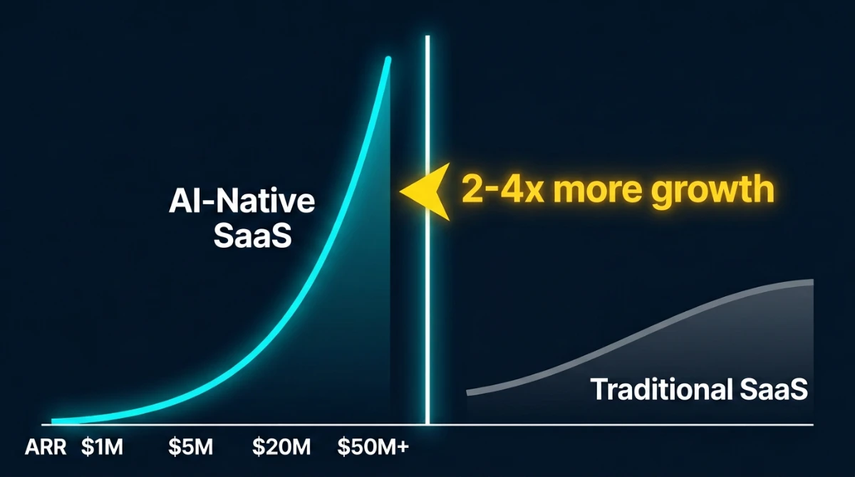 Split comparison chart showing AI-native SaaS growing 2-3x faster than traditional SaaS across all ARR bands in 2026