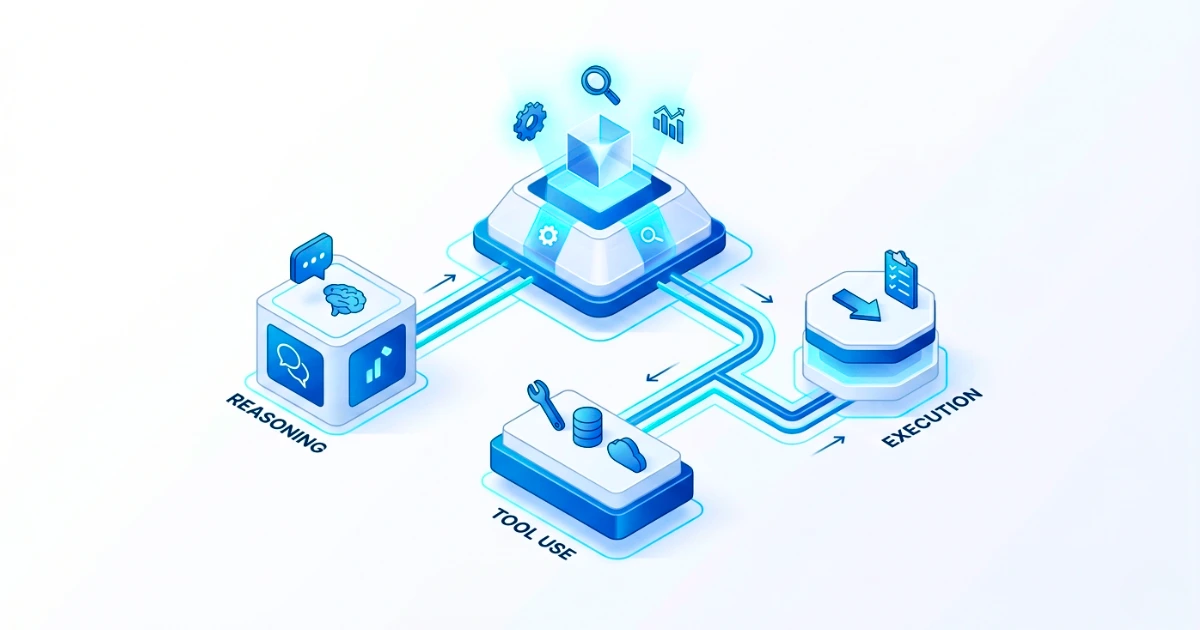 Isometric 3D diagram showing how autonomous AI agents reason, use tools, and execute enterprise tasks without human intervention.