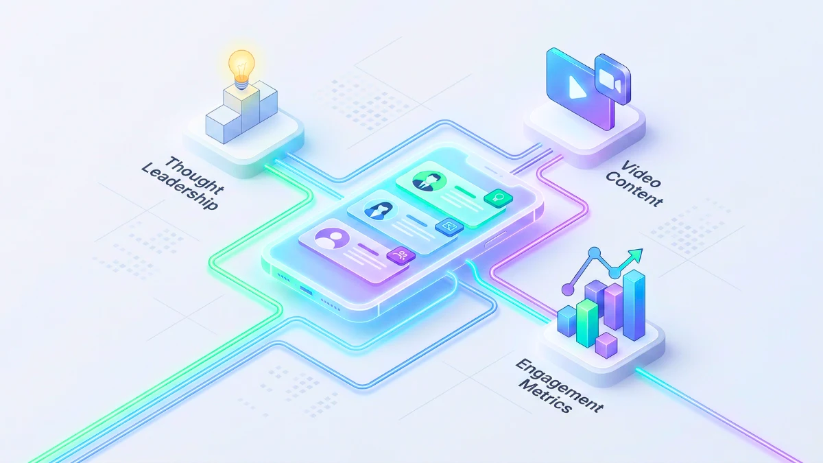 LinkedIn Top-of-Funnel Marketing Strategy Isometric 3D diagram showing B2B social selling, LinkedIn top-of-funnel marketing, and professional networking nodes.