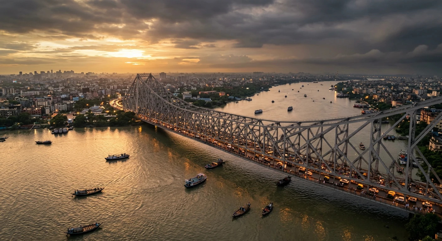 AI-generated aerial view of Howrah Bridge in Kolkata at golden hour, boats on the Ganges below, vivid warm tones, generated by Nano Banana 2
