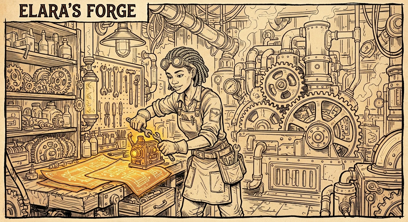 Colored graphic novel panel showing a young woman inventor with brass goggles in a steampunk workshop, speech bubble reading "Almost there...", generated by Nano Banana 2