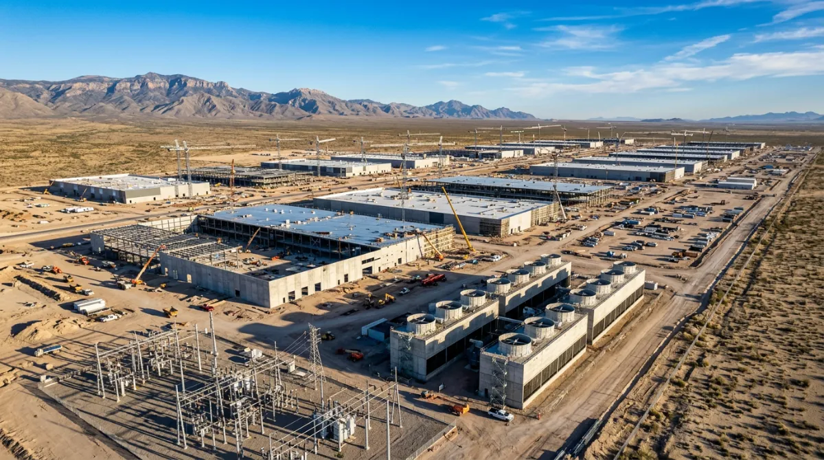 Aerial render of a vast hyperscale data center campus under construction in a Texas desert landscape with cranes and cooling infrastructure