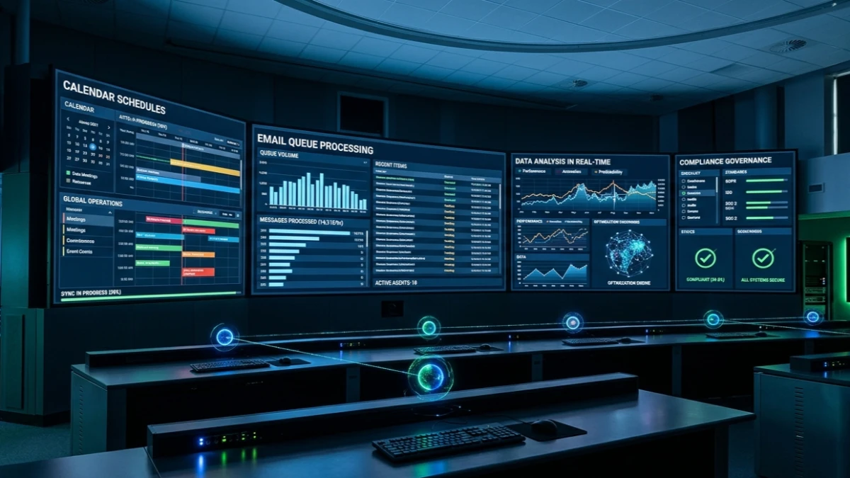 Enterprise AI agent dashboard showing NemoClaw automating email, calendar, data analysis, and compliance workflows simultaneously