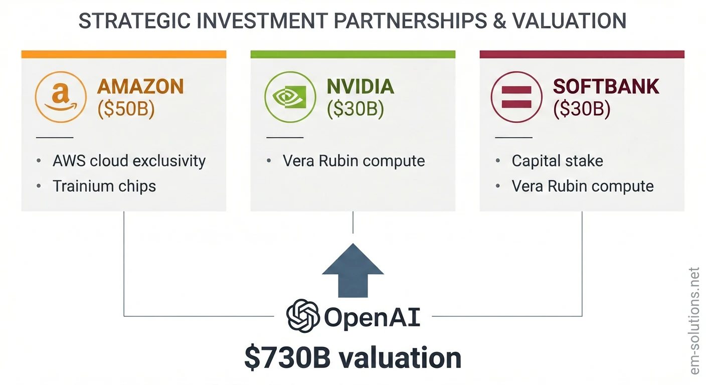 How the $110B Round Actually Works: Capital, Compute & Cloud Infographic showing the three-way structure of OpenAI's $110B funding round — Amazon's cloud exclusivity, NVIDIA's compute capacity, and SoftBank's capital stake
