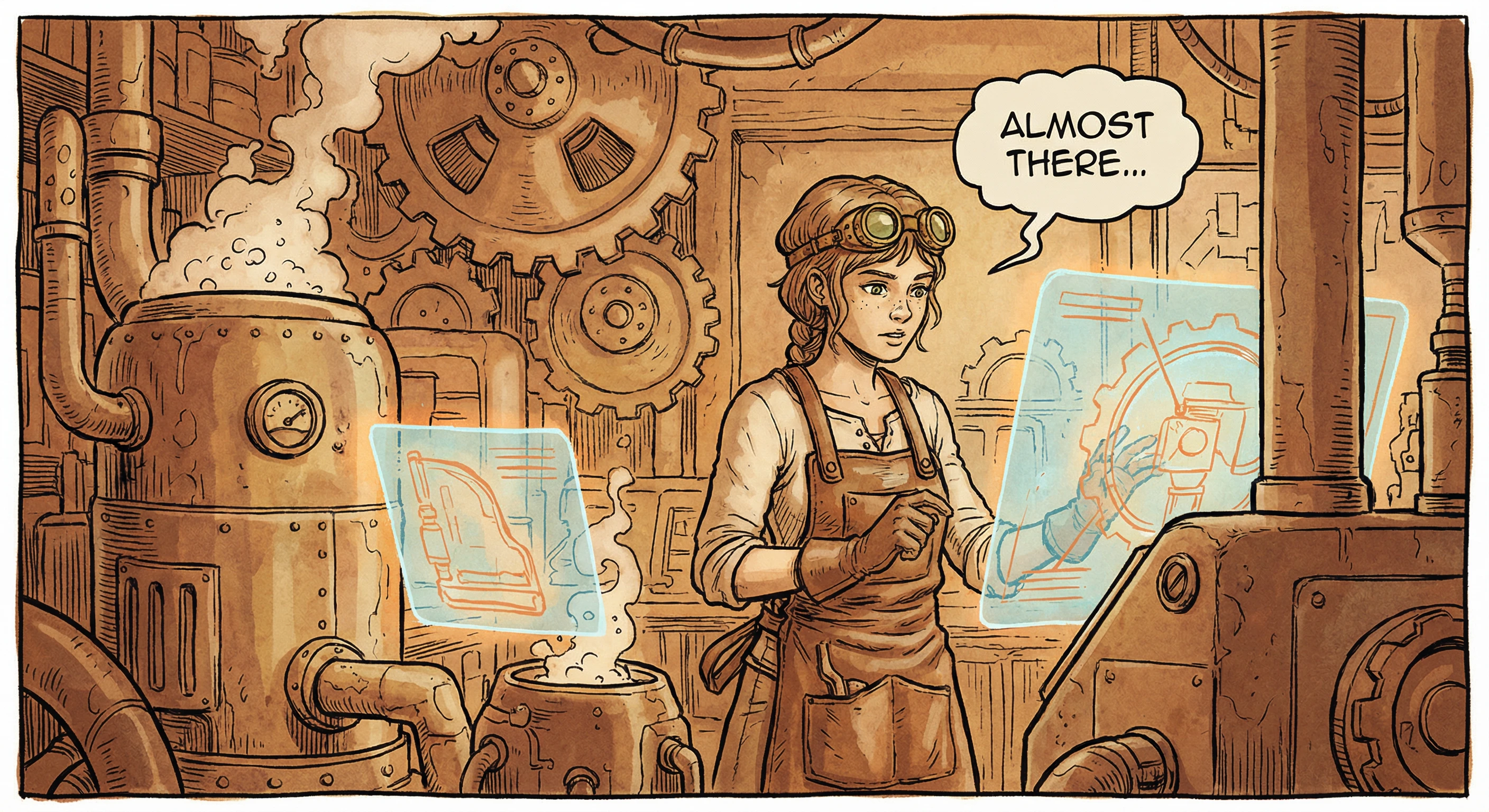 Detailed pen-and-ink style illustration of a woman inventor in a steampunk forge titled "Elara's Forge", glowing blueprints on a workbench, generated by Nano Banana Pro