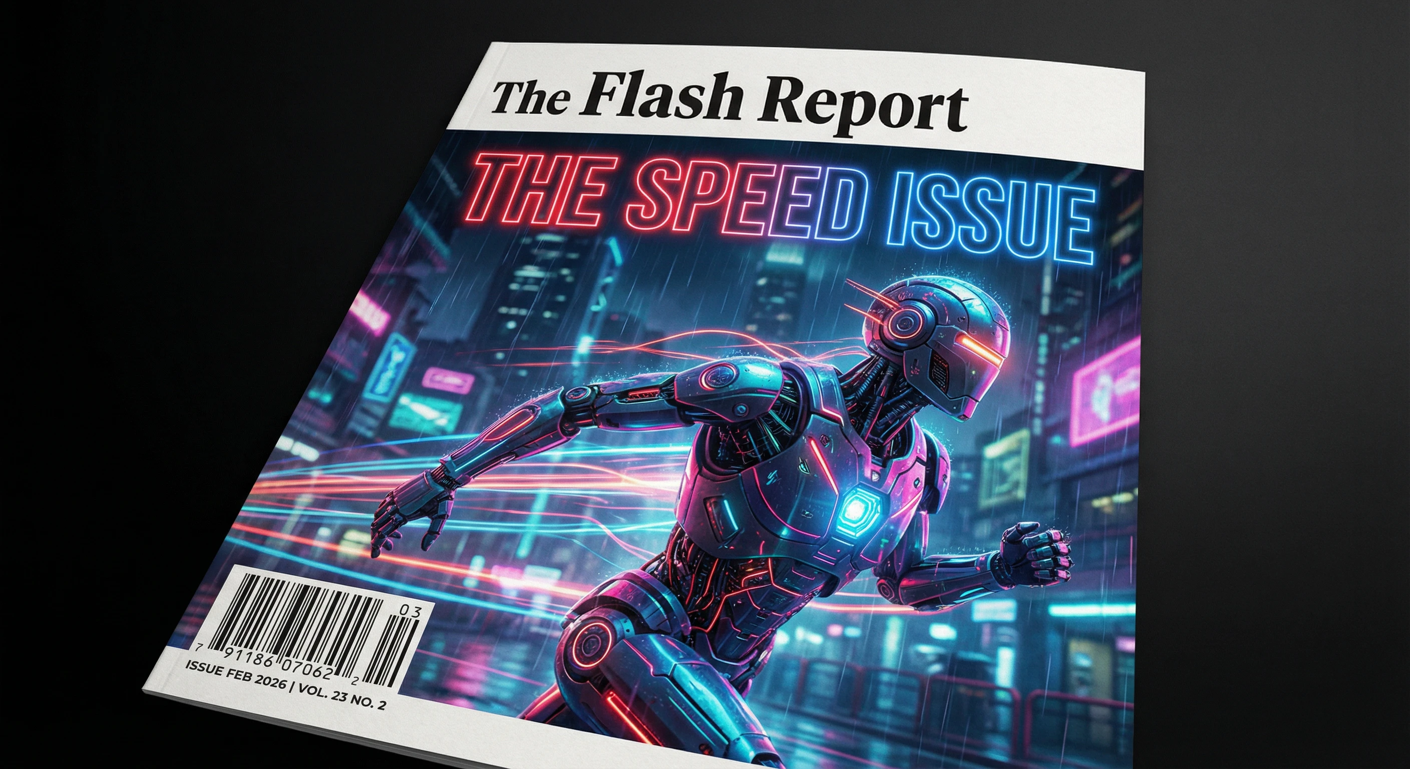 Full editorial magazine cover design for The Flash Report February 2026 issue, showing article teasers, ISSN number, masthead, and a running neon robot, generated by Nano Banana Pro