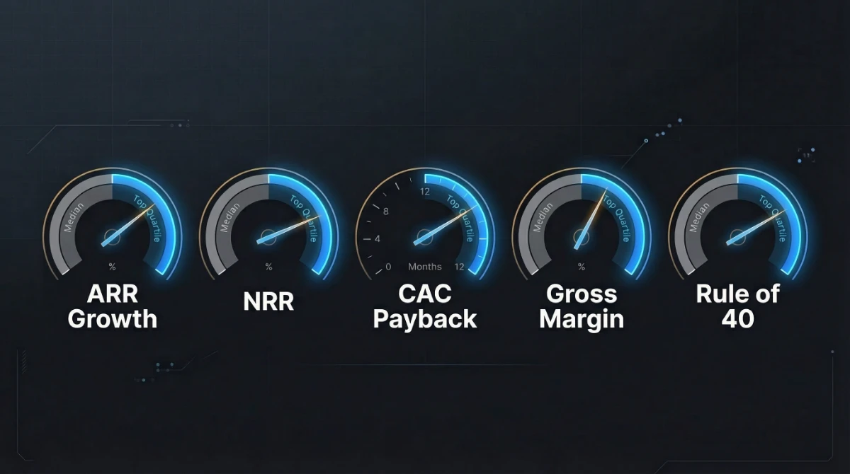 Five SaaS benchmark gauges showing median vs top quartile performance across growth, NRR, CAC payback, margin, and Rule of 40