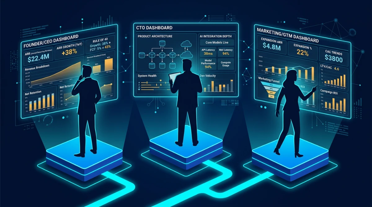 Three SaaS leaders — founder, CTO, and GTM lead — each viewing role-specific performance dashboards derived from 2026 benchmarks