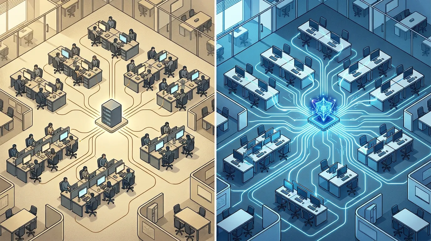 Split illustration comparing traditional per-seat SaaS model with AI agents replacing human user seats