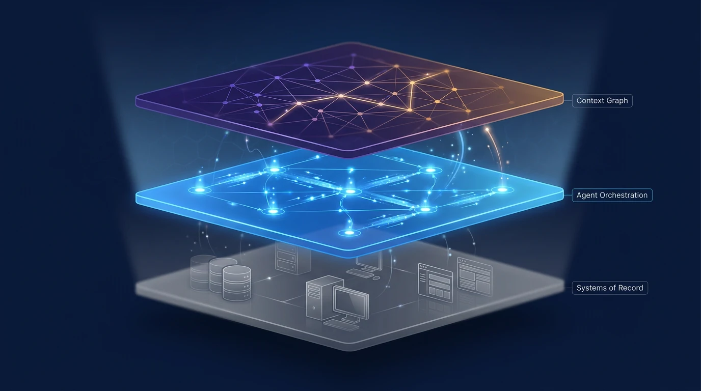 Three-layer architecture diagram showing systems of record, agent orchestration, and context graph as the new SaaS competitive stack