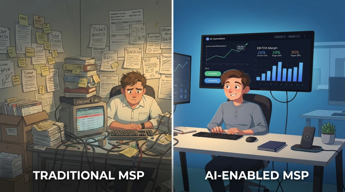 Traditional vs AI-Enabled MSP Operations Comparison Split illustration contrasting a traditional MSP technician overwhelmed with tickets versus an AI-enabled MSP technician working efficiently.